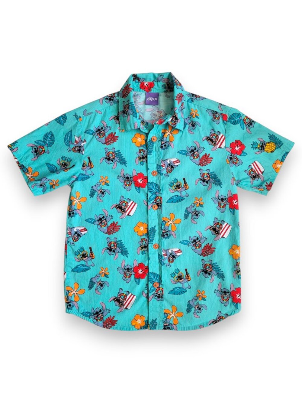Disney Stitch Boys Hawaiian Shirt Size 7-8 Blue Aloha Button Up Tropical EUC